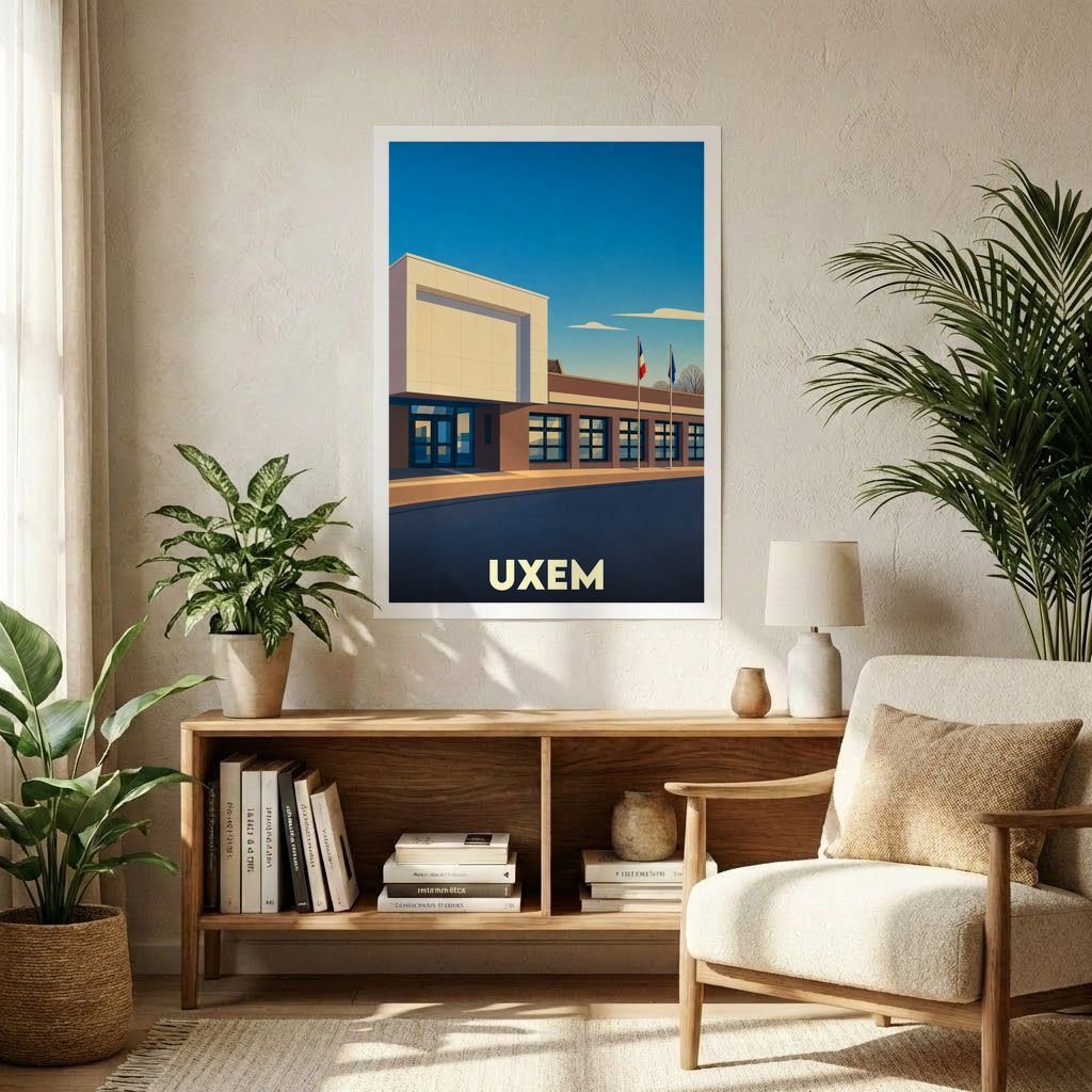 Affiche souvenir de la ville d'Uxem avec une illustration stylisée et colorée de l'architecture locale.