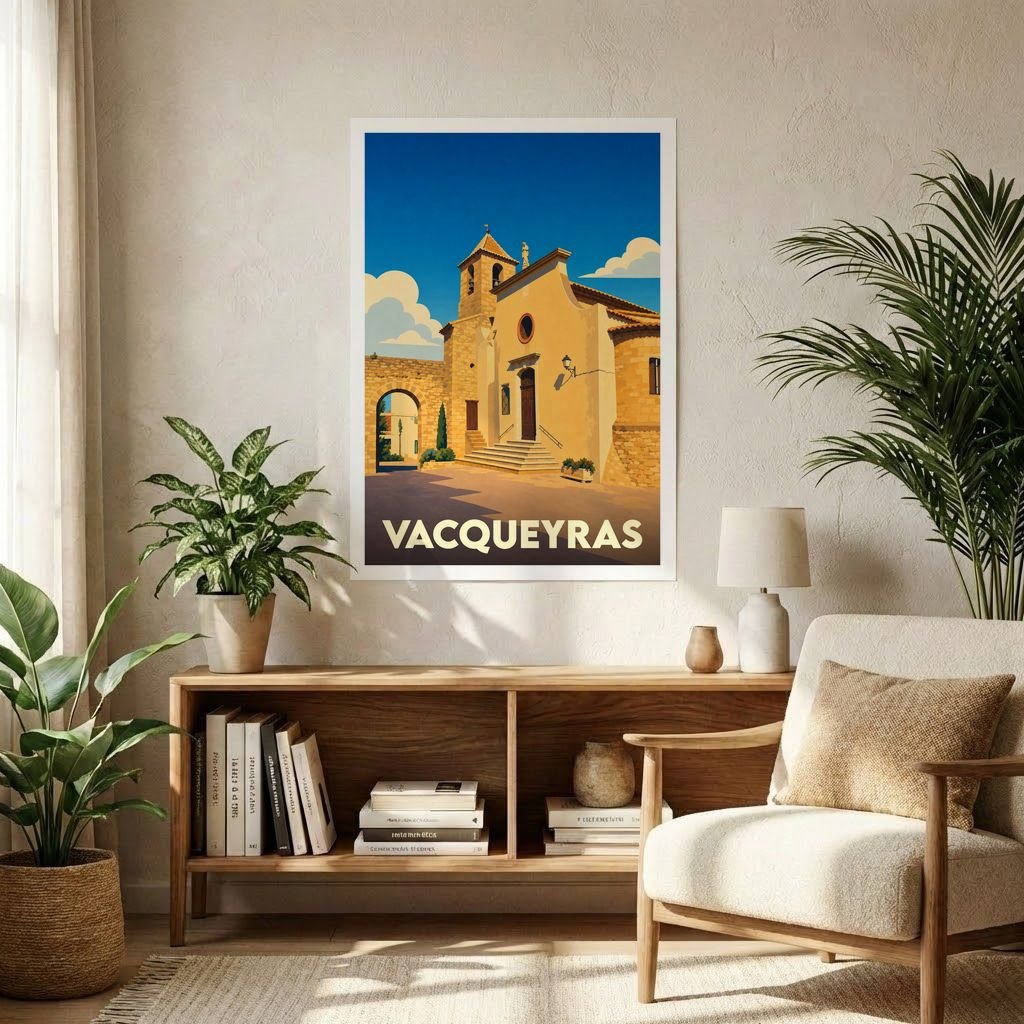 Affiche souvenir de la ville de Vacqueyras représentant une église provençale dans un style graphique rétro.