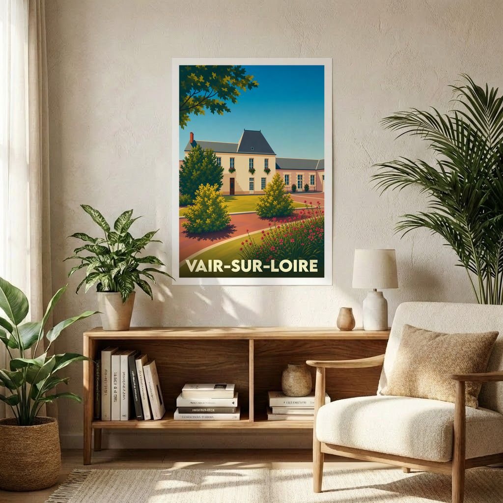 Affiche souvenir de la ville de Vair-sur-Loire avec une illustration stylisée d'une demeure bourguignonne et de ses jardins.