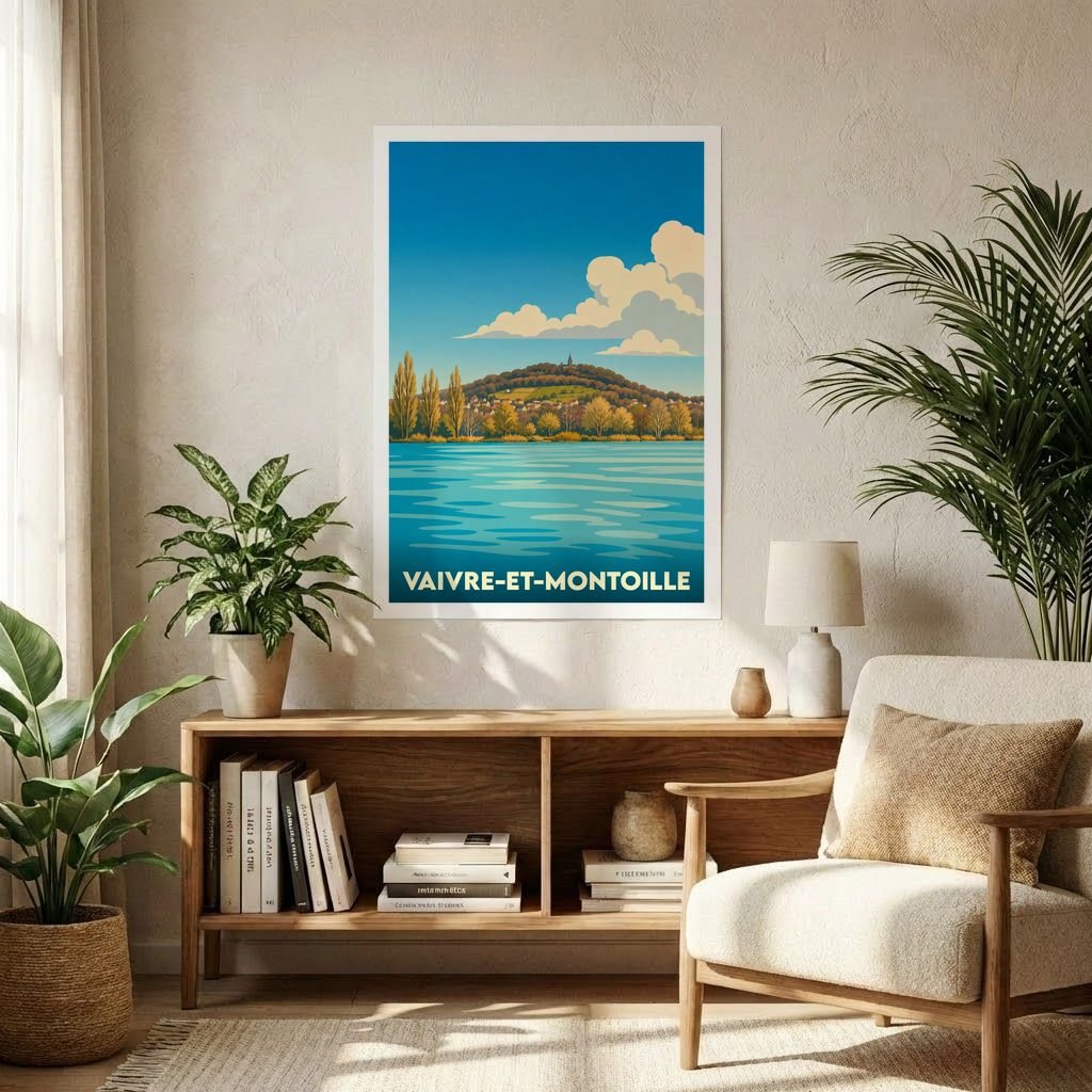 Affiche souvenir de la ville de Vaivre-et-Montoille avec une illustration stylisée d'un paysage lacustre.