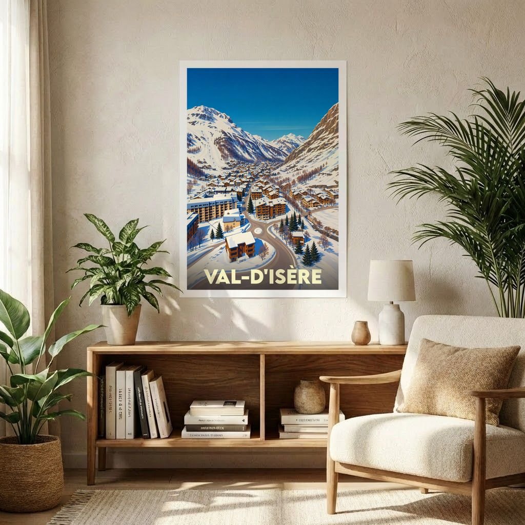Affiche souvenir de la ville de Val-d'Isère illustrant un panorama enneigé de la station de ski.