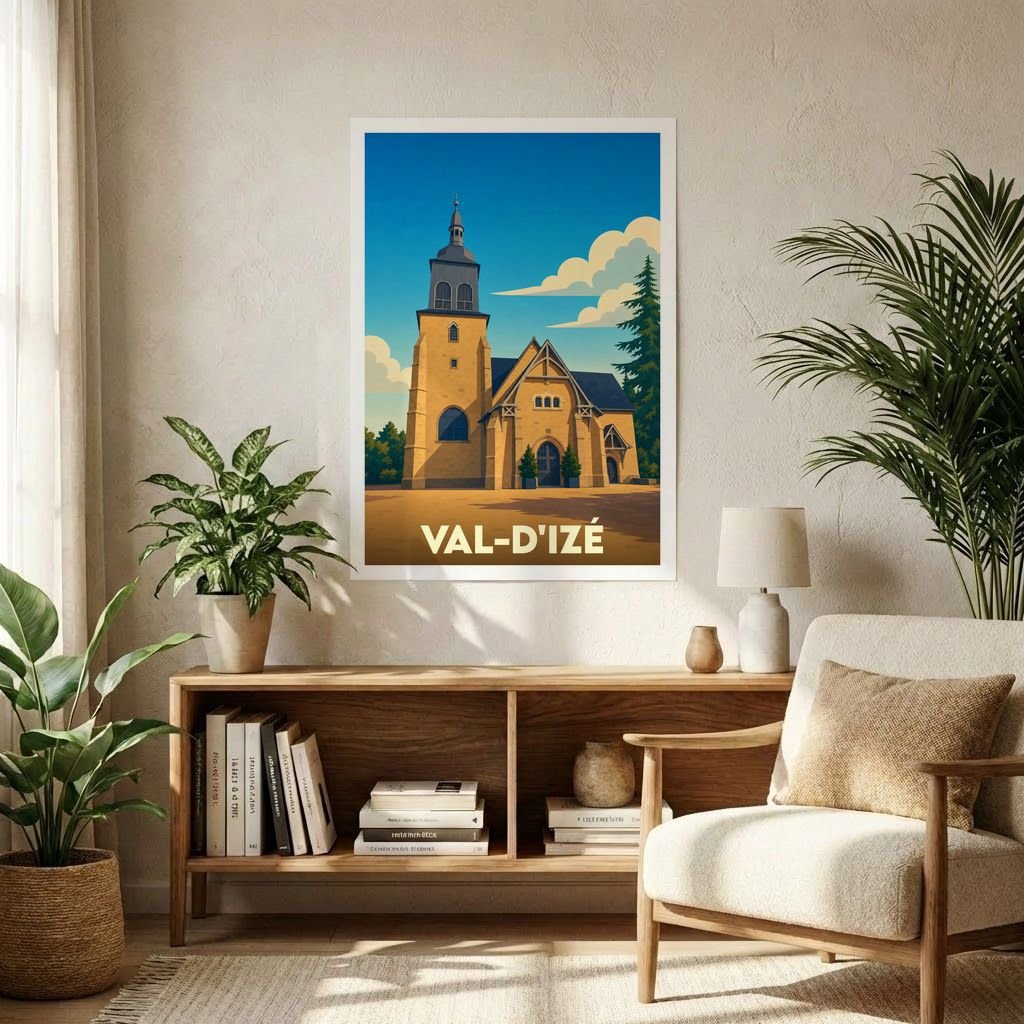 Affiche souvenir de la ville de Val-d'Izé avec une illustration stylisée de son église.