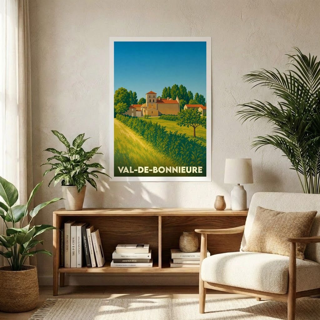 Affiche souvenir de la ville de Val-de-Bonnieure avec une illustration stylisée de son paysage rural.