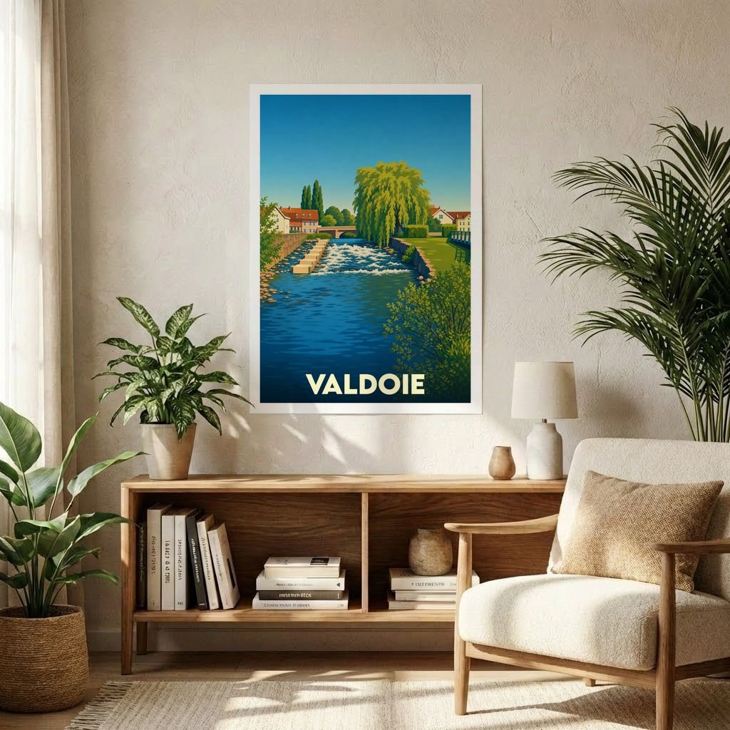 Affiche souvenir de la ville de Valdoie avec une illustration stylisée d'un cours d'eau.