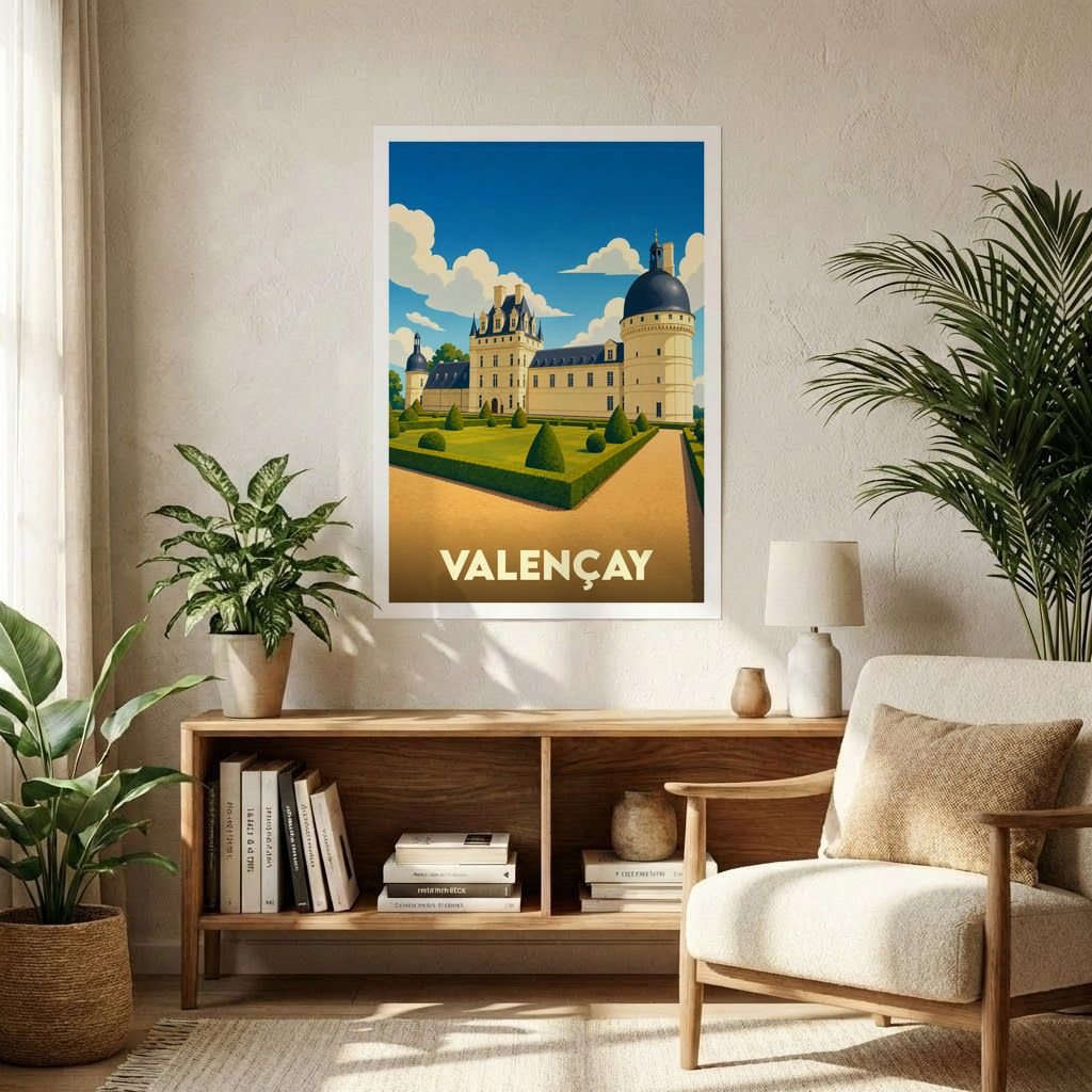 Affiche souvenir de la ville de Valençay avec une illustration stylisée de son château et de ses jardins.
