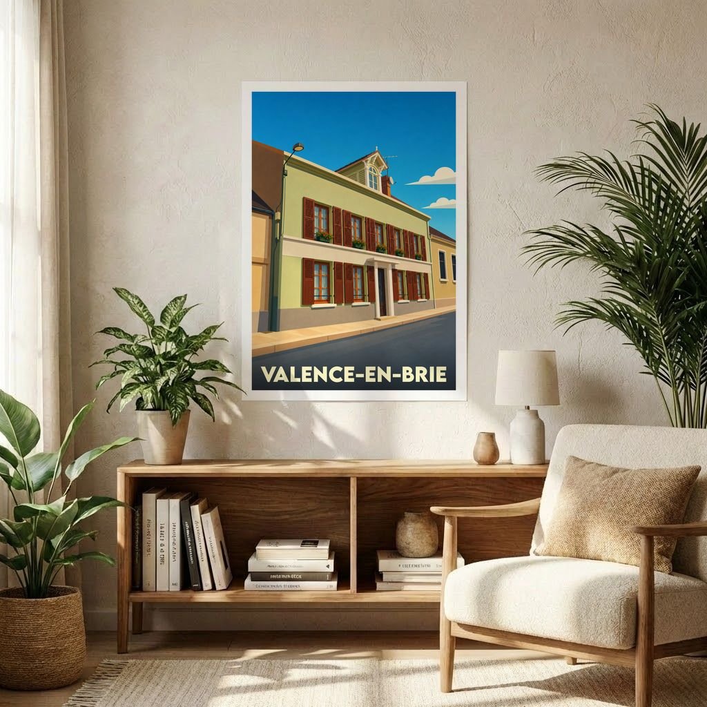Affiche souvenir de la ville de Valence-en-Brie avec une illustration stylisée d'un bâtiment traditionnel.