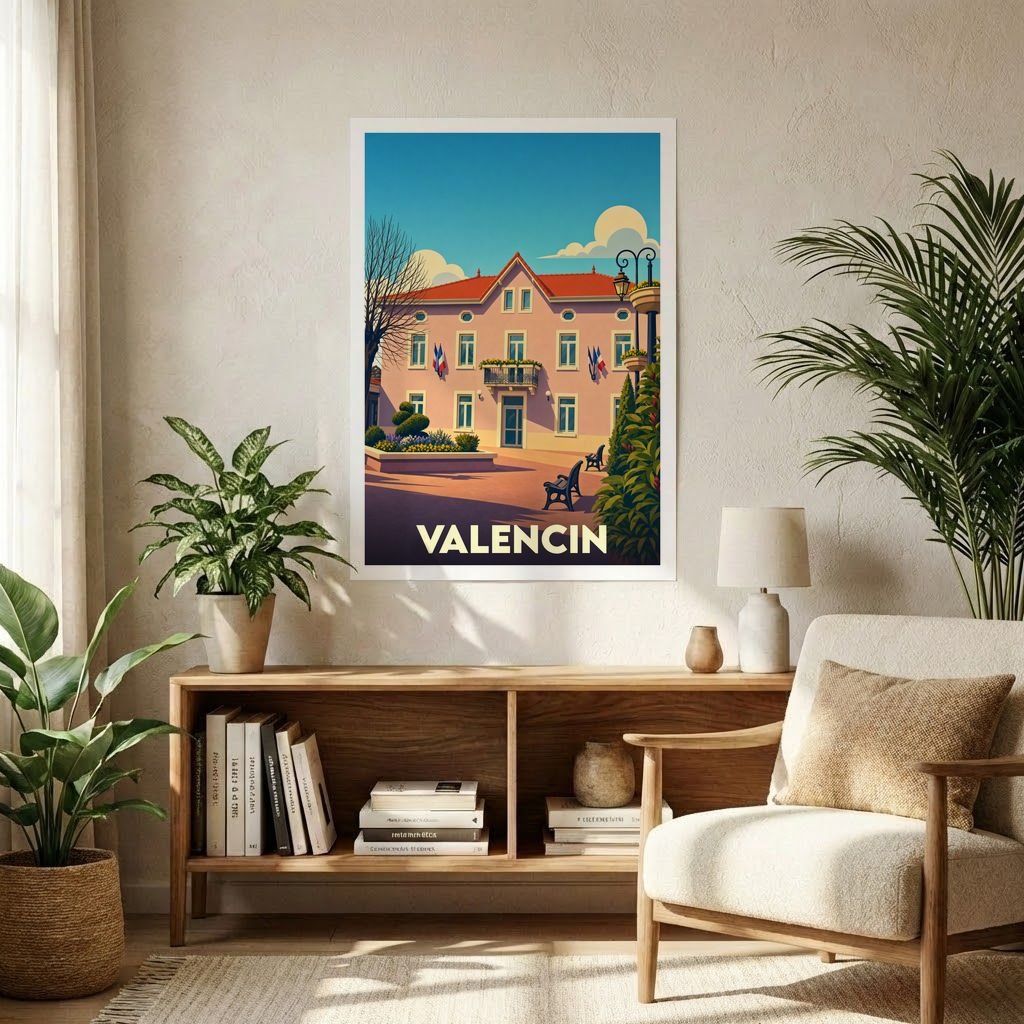 Affiche souvenir de la ville de Valencin avec une illustration stylisée d'un bâtiment typique.