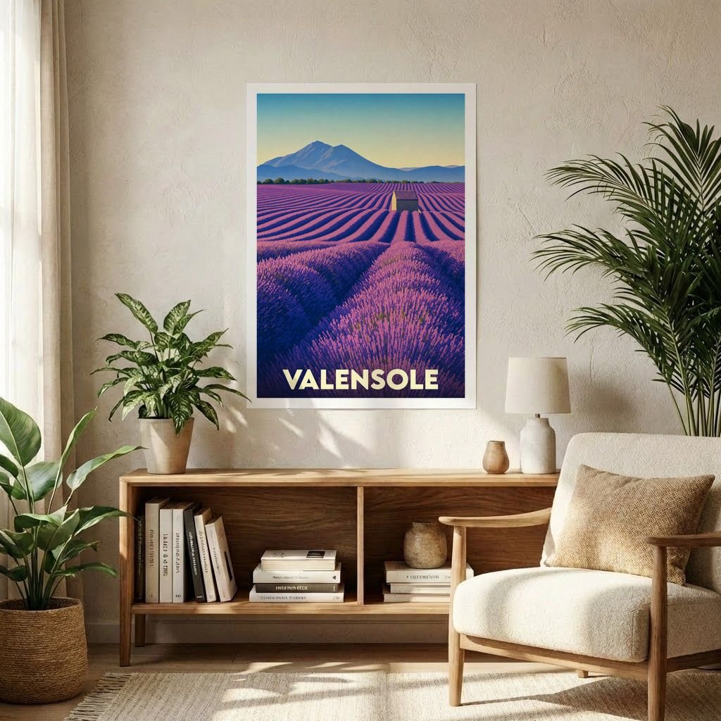 Affiche souvenir de la ville de Valensole illustrant un champ de lavande stylisé au pied des montagnes.