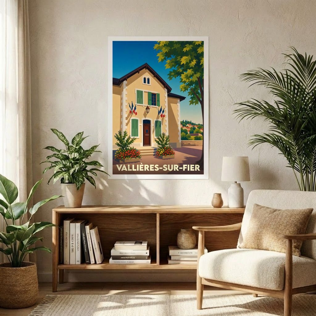 Affiche souvenir de la ville de Vallières-sur-Fier avec une illustration stylisée de sa mairie.
