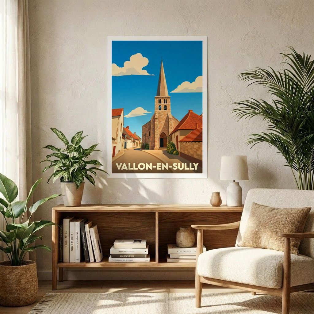Affiche souvenir de la ville de Vallon-en-Sully avec une illustration stylisée de son église et de ses ruelles.