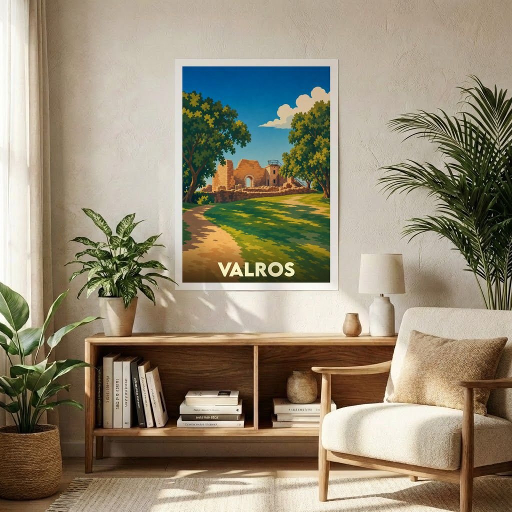 Affiche souvenir de la ville de Valros avec une illustration stylisée d'un paysage historique.