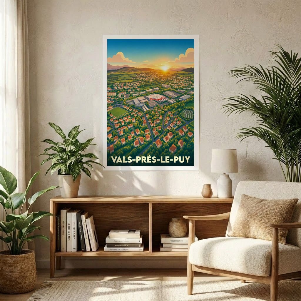 Affiche souvenir de la ville de Vals-près-le-Puy avec une illustration stylisée d'un paysage urbain au coucher du soleil.