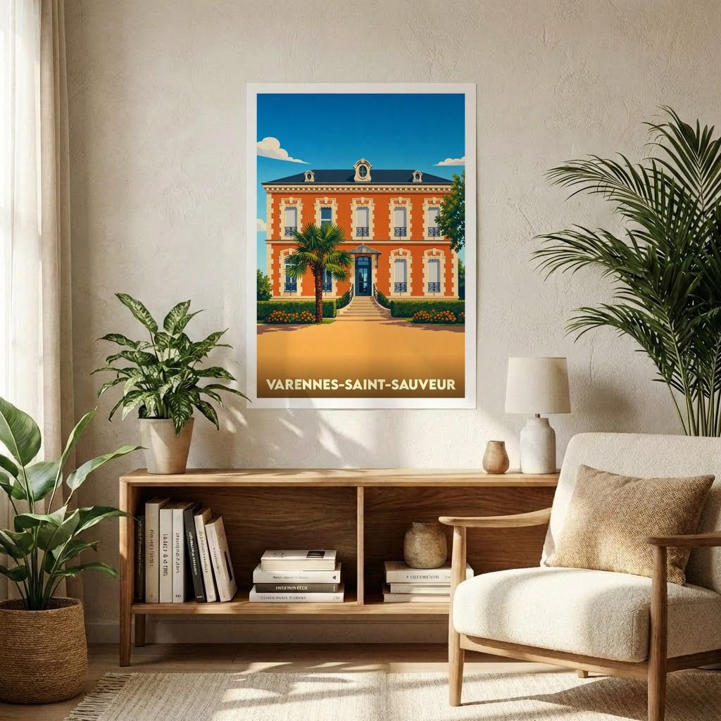 Affiche souvenir de la ville de Varennes-Saint-Sauveur avec une illustration stylisée d'une demeure bourgeoise.