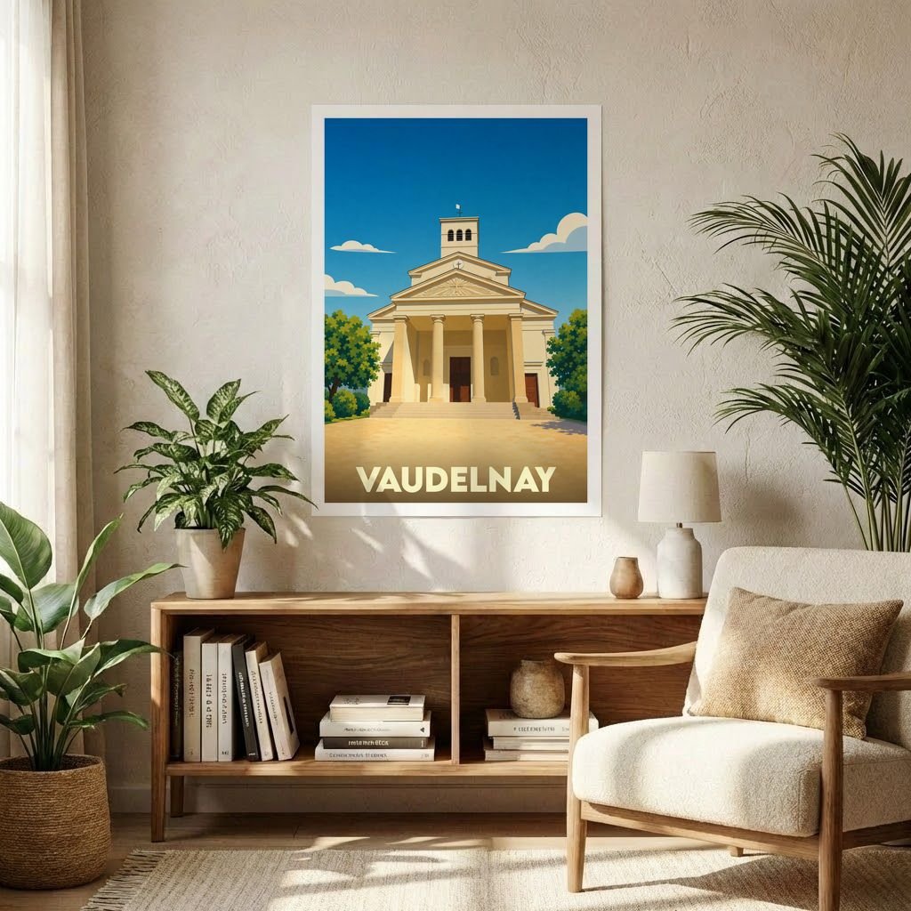 Affiche souvenir de la ville de Vaudelnay avec une illustration stylisée d'un monument historique.