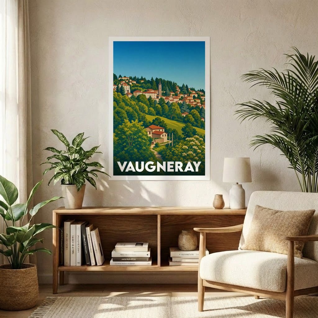 Affiche souvenir de la ville de Vaugneray avec une illustration stylisée d'un paysage vallonné et boisé.