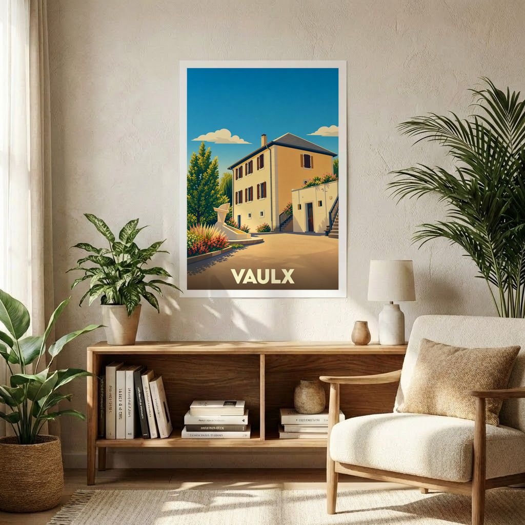 Affiche souvenir de la ville de Vaulx avec une illustration stylisée d'une bâtisse ensoleillée.