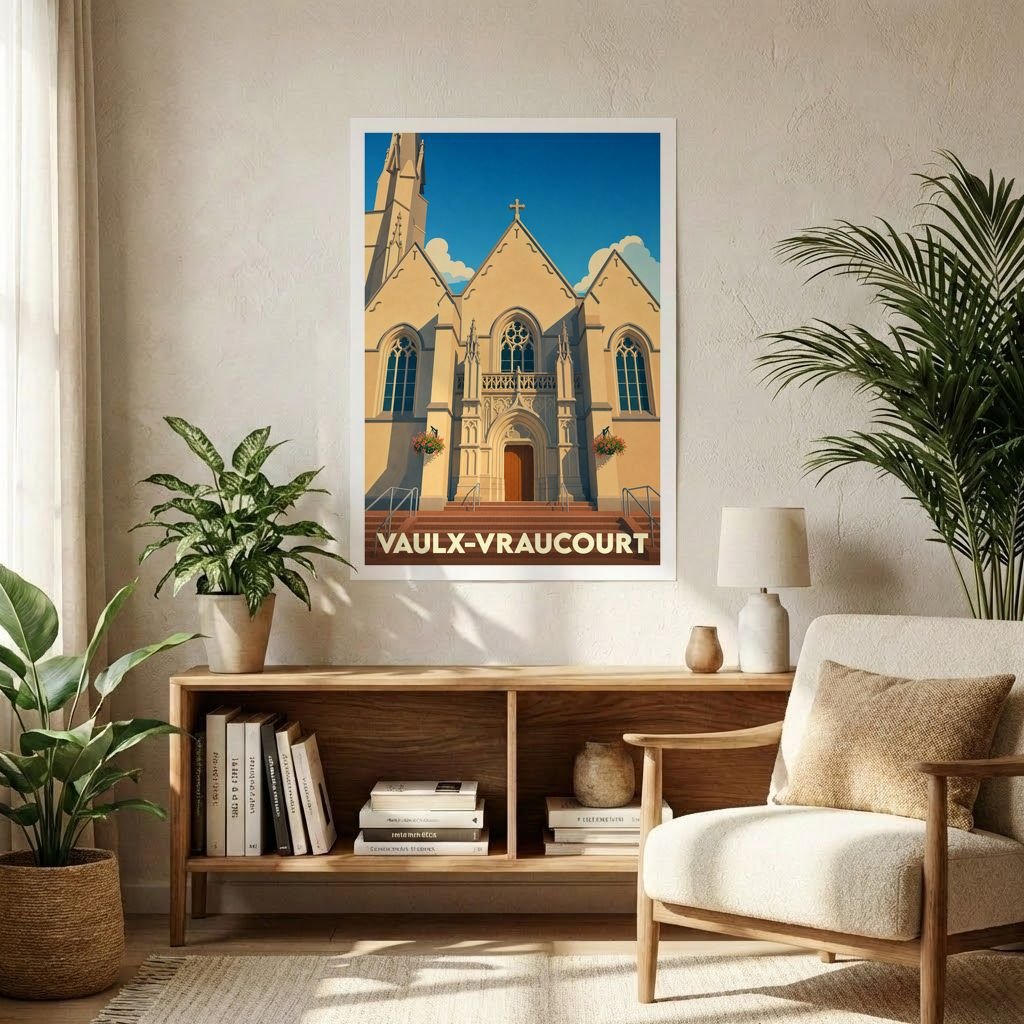 Affiche souvenir de la ville de Vaulx-Vraucourt avec une illustration stylisée de son église sous un ciel bleu.