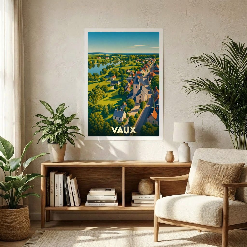 Affiche souvenir de la ville de Vaux présentant une illustration stylisée et colorée de son paysage urbain et champêtre.