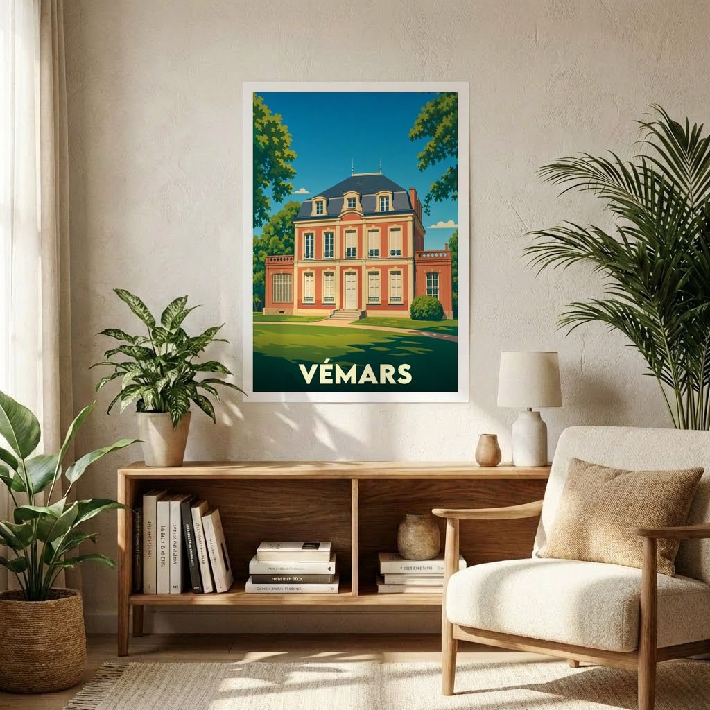 Affiche souvenir de la ville de Vémars avec une illustration stylisée d'une demeure historique.