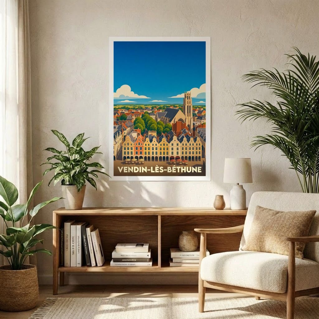 Affiche souvenir de la ville de Vendin-lès-Béthune avec une illustration stylisée et colorée.