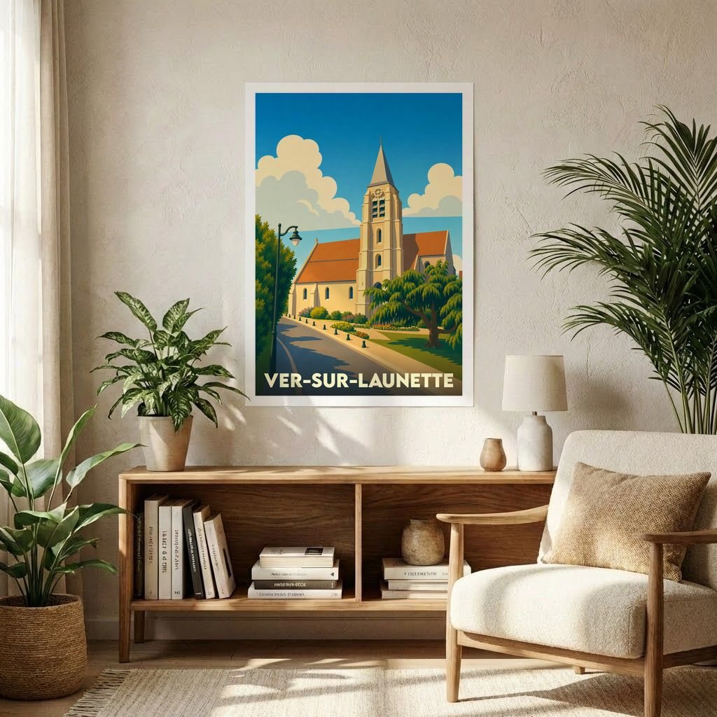 Affiche souvenir de la ville de Ver-sur-Launette avec une illustration stylisée de son église.