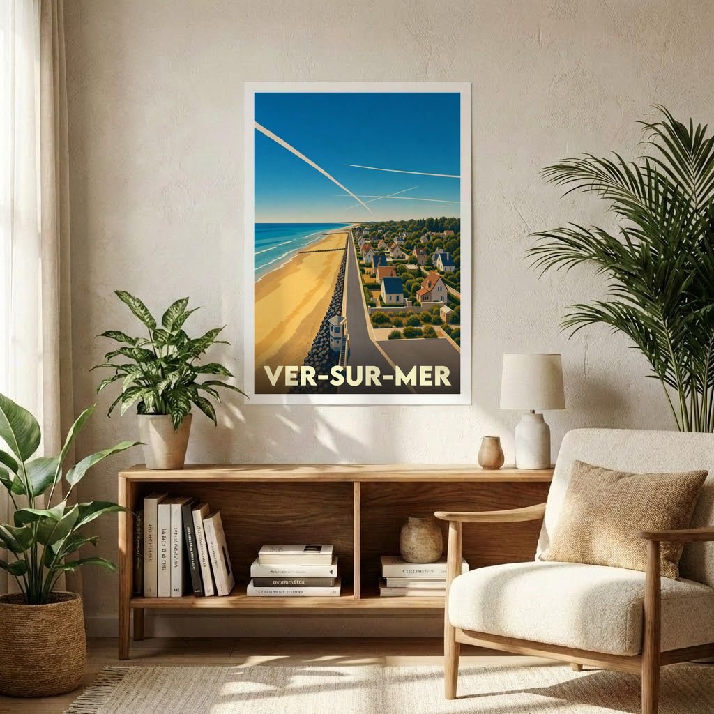 Affiche souvenir de la ville de Ver-sur-Mer avec une illustration stylisée du littoral et de ses habitations.