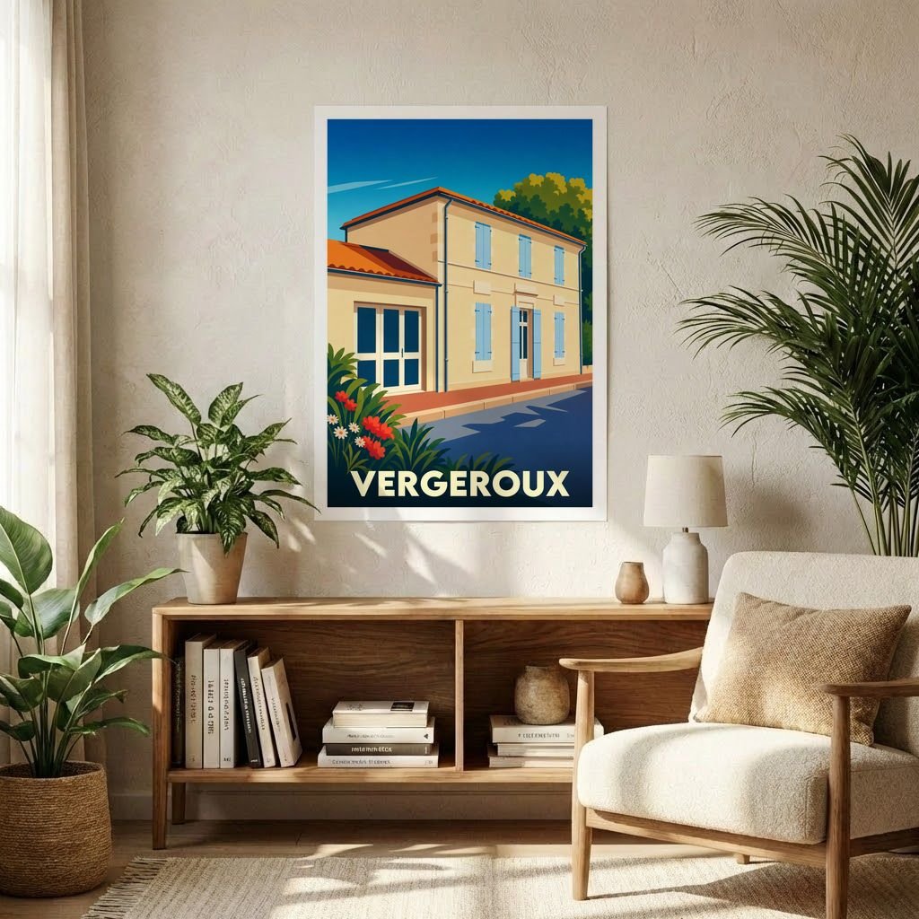 Affiche souvenir de la ville de Vergeroux présentant une illustration stylisée d'une maison traditionnelle charentaise.