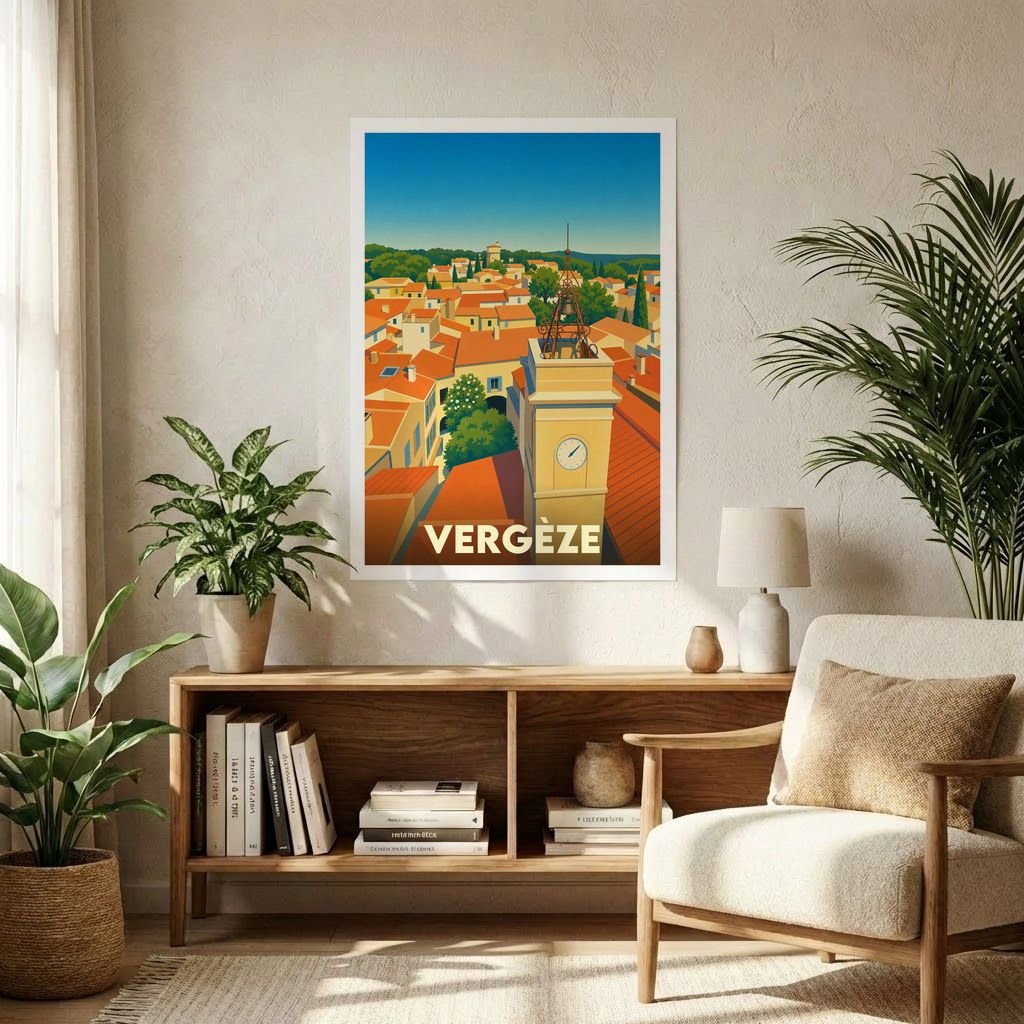 Affiche souvenir de la ville de Vergèze avec une illustration stylisée de ses toits ensoleillés et de son clocher.