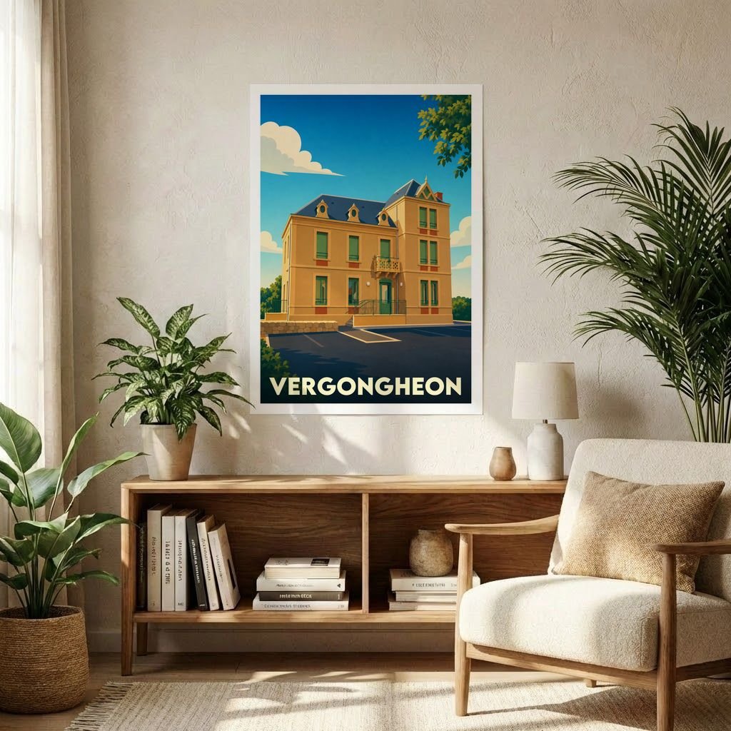Affiche souvenir de la ville de Vergongheon présentant une illustration stylisée d'un bâtiment emblématique sous un ciel bleu.
