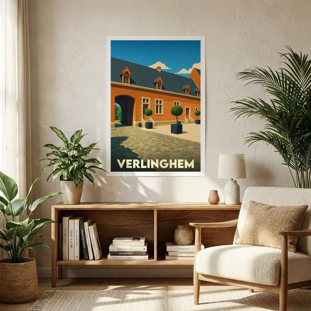 Affiche souvenir de la ville de Verlinghem avec une illustration stylisée d'un bâtiment historique et d'une cour pavée.