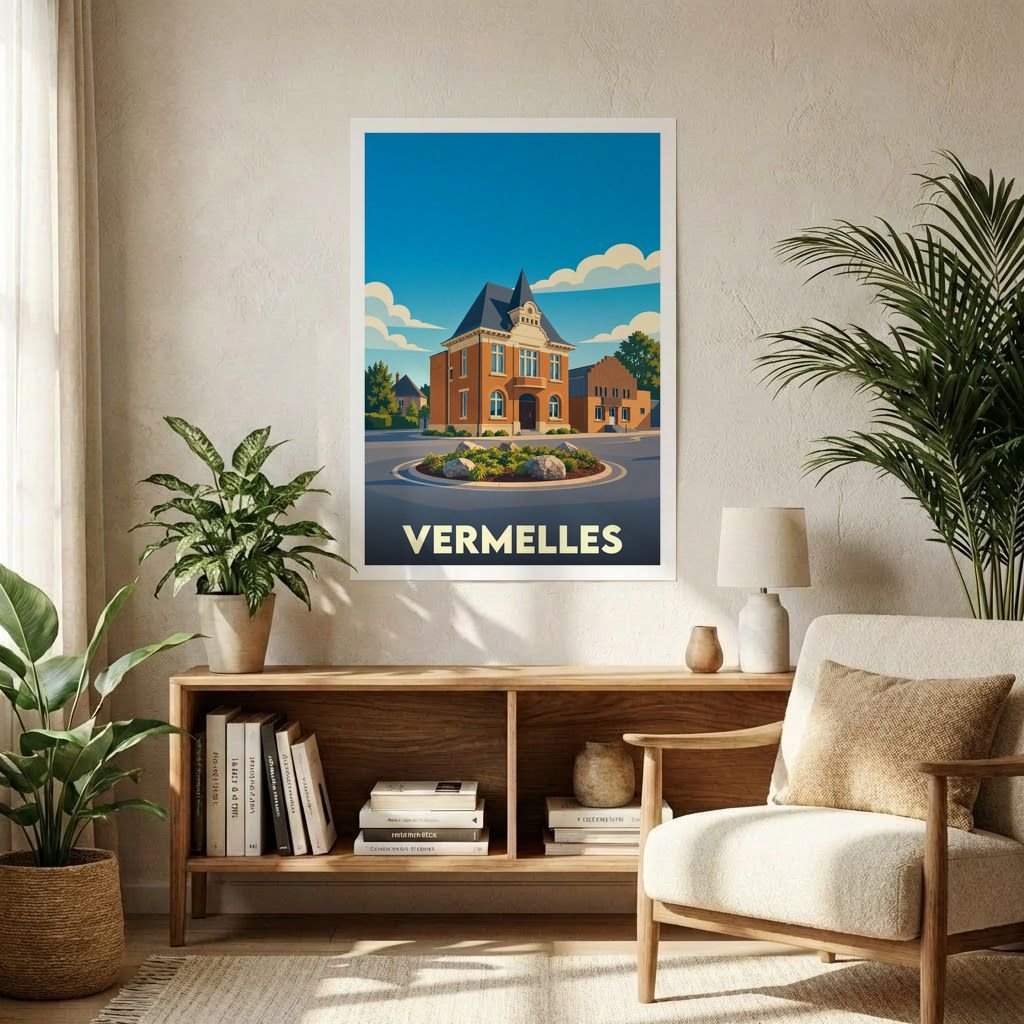 Affiche souvenir de la ville de Vermelles avec une illustration stylisée de son architecture locale.