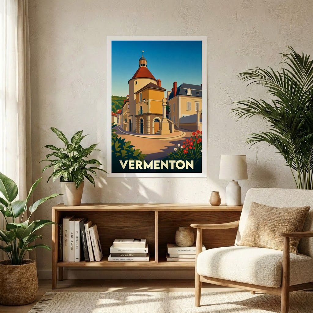 Affiche souvenir de la ville de Vermenton avec une illustration stylisée d'un bâtiment historique et de son clocher.