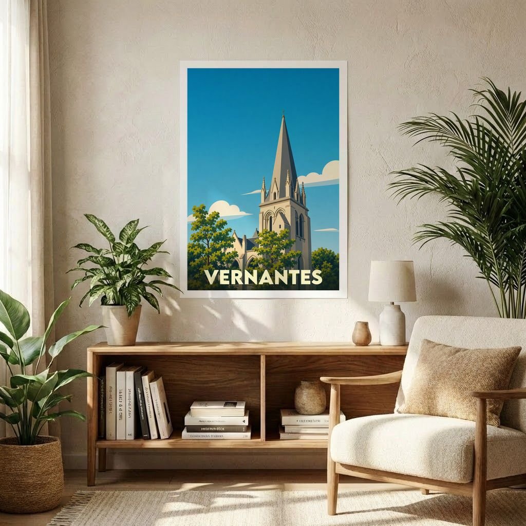 Affiche souvenir de la ville de Vernantes illustrant son église dans un style graphique épuré.