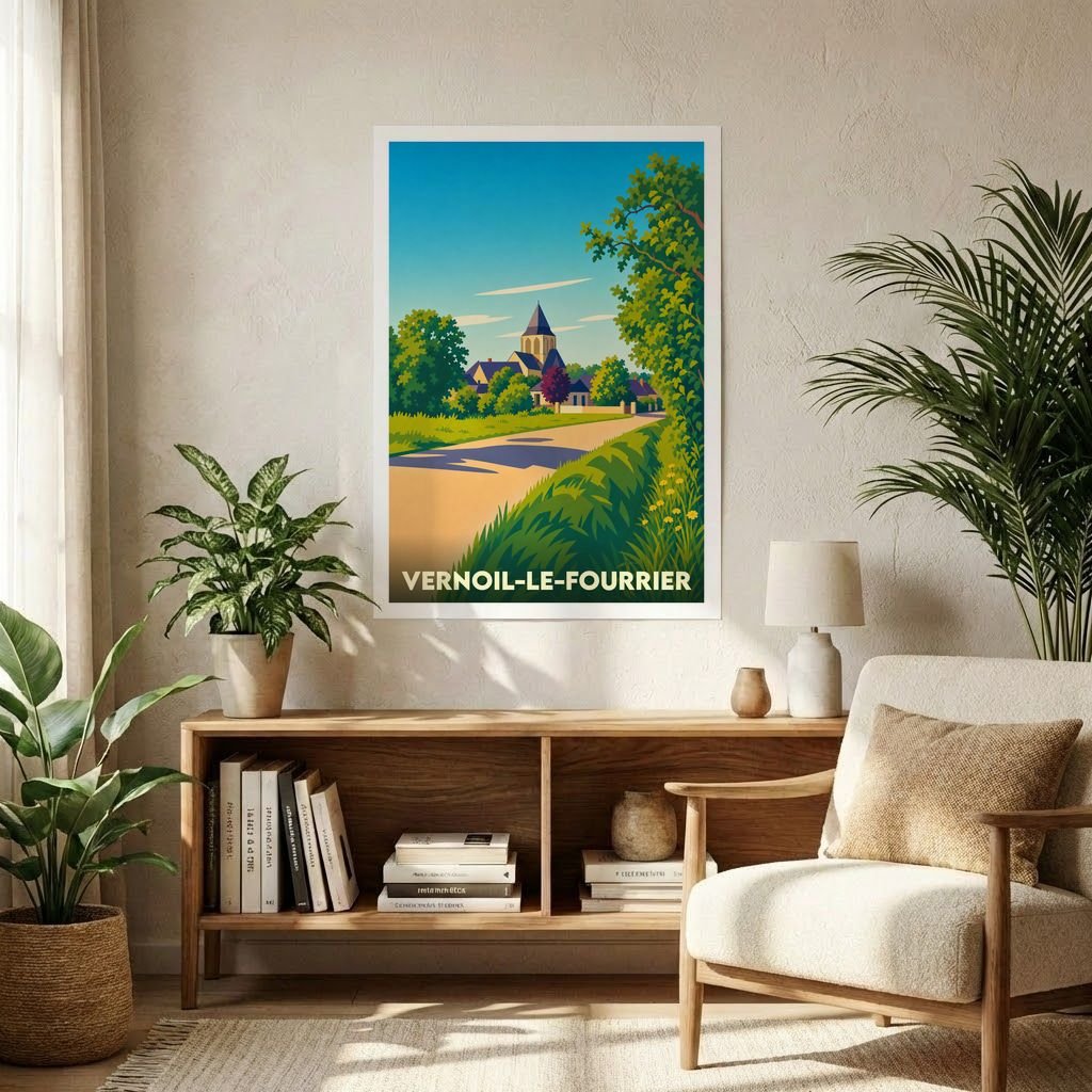 Affiche souvenir de la ville de Vernoil-le-Fourrier avec une illustration stylisée de son église et de sa campagne environnante.
