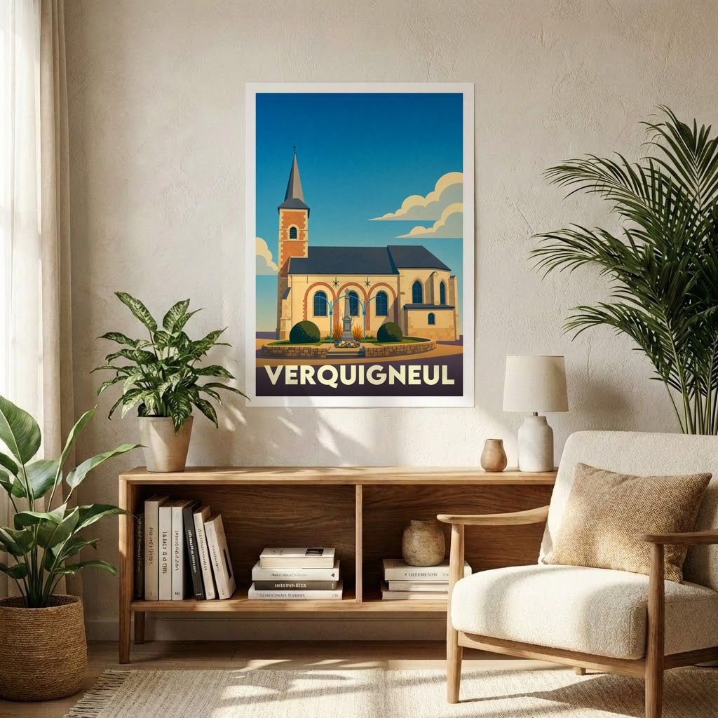 Affiche souvenir de la ville de Verquigneul illustrant son église dans un style graphique épuré.