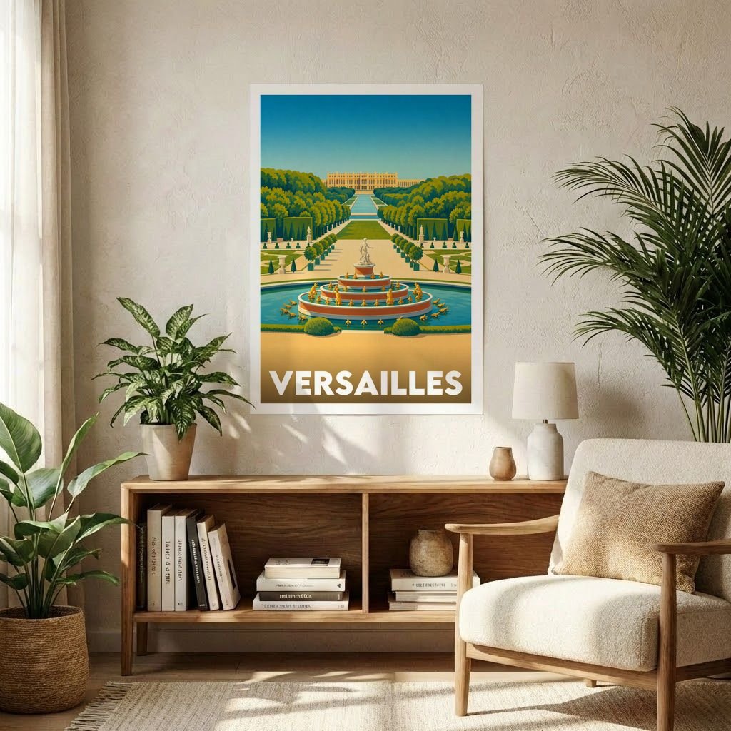 Affiche souvenir de la ville de Versailles représentant ses jardins et son château dans un style graphique rétro.
