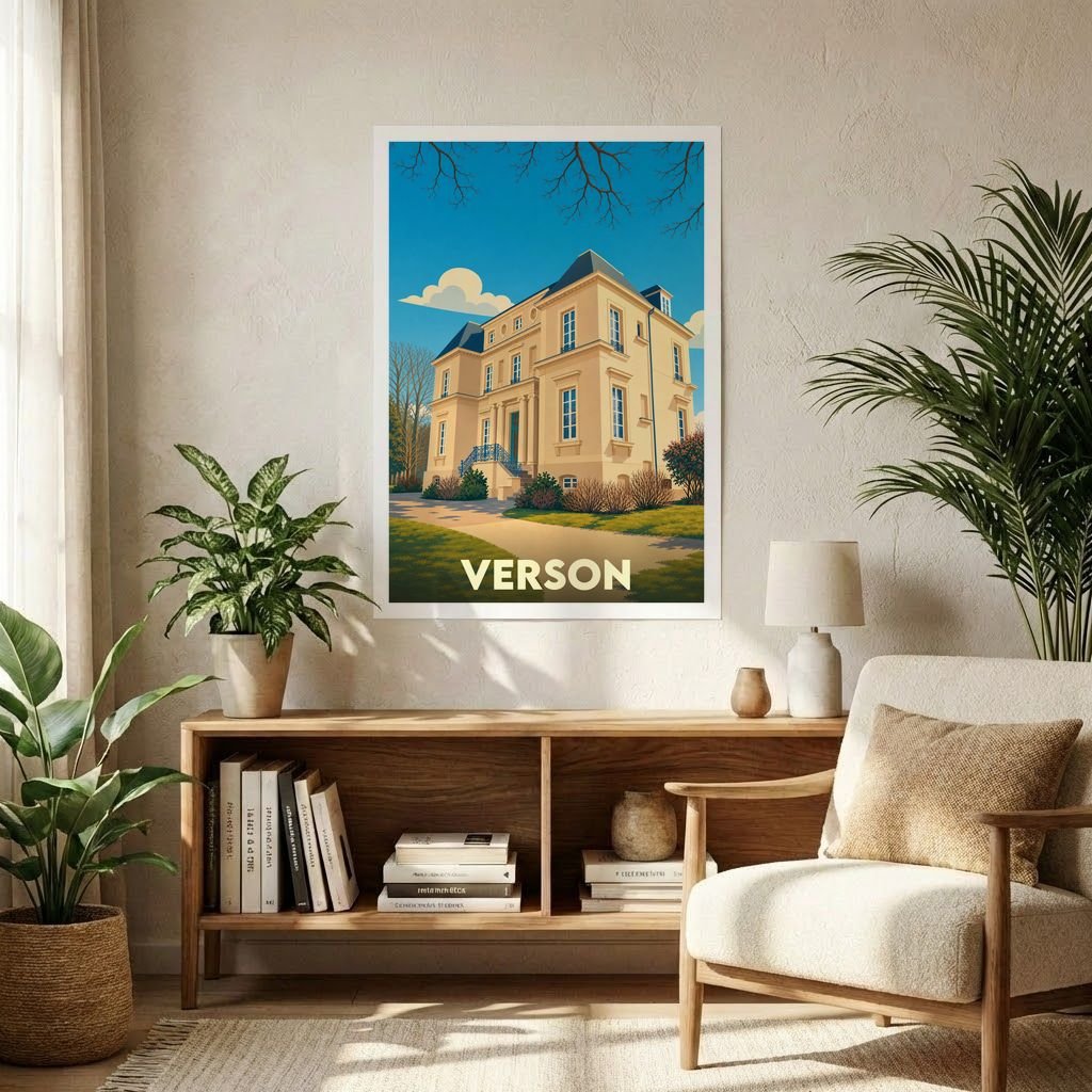 Affiche souvenir de la ville de Verson représentant une grande demeure bourgeoise dans un style graphique rétro.