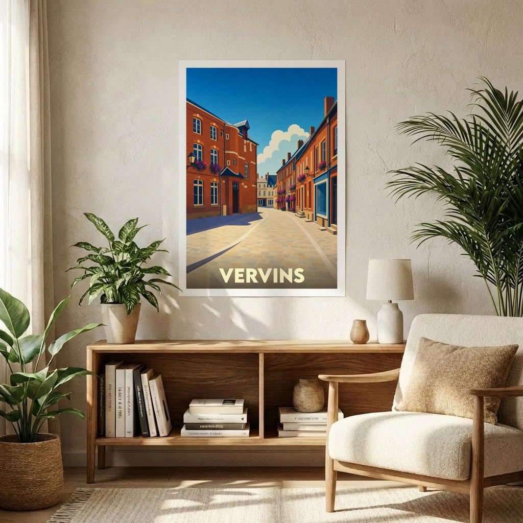 Affiche souvenir de la ville de Vervins avec une illustration stylisée d'une rue pittoresque aux façades colorées.