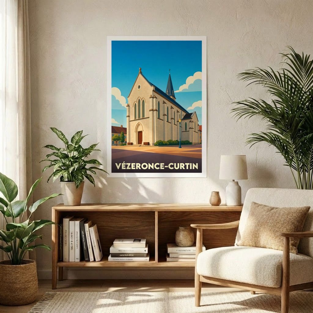 Affiche souvenir de la ville de Vézeronce-Curtin avec une illustration stylisée de son église sous un ciel bleu.