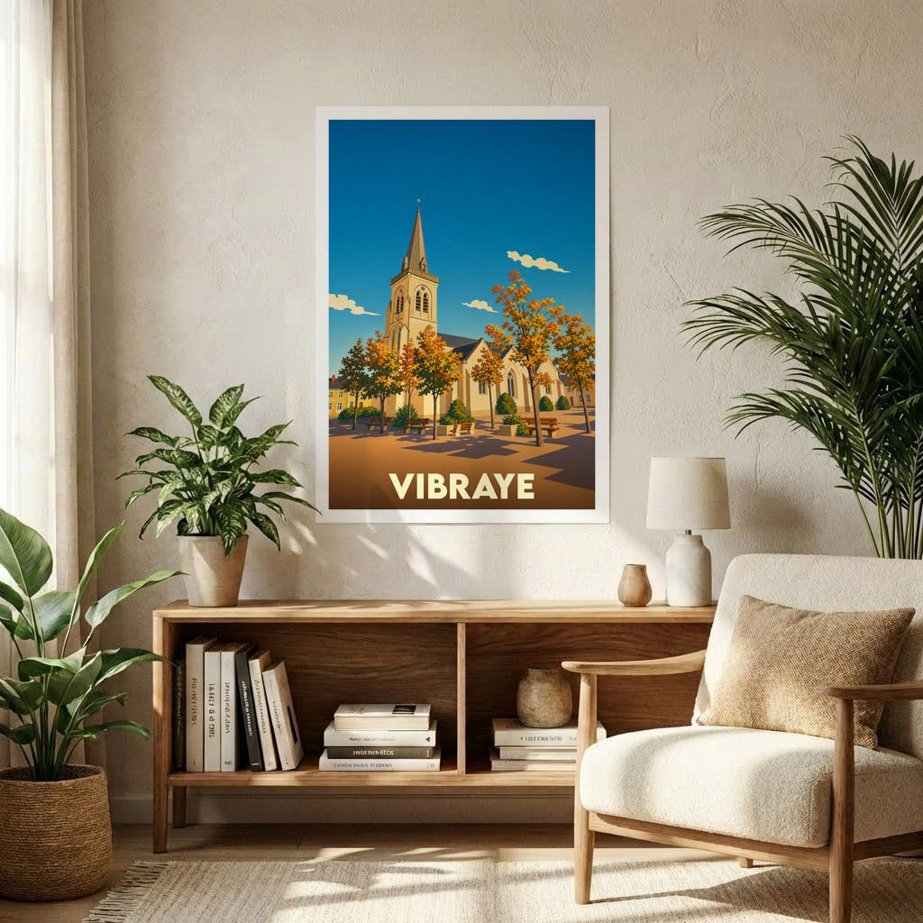 Affiche souvenir de la ville de Vibraye avec une illustration stylisée de son église entourée d'arbres en automne.
