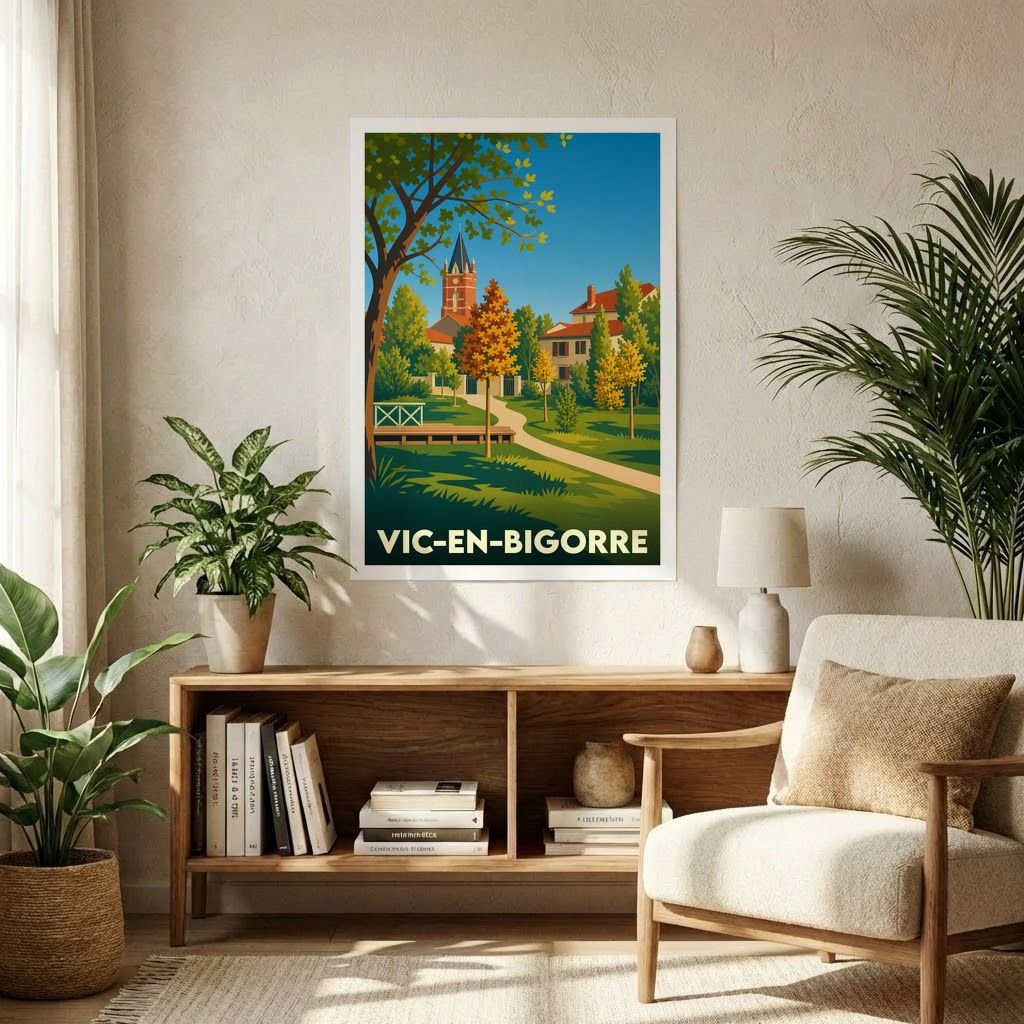 Affiche souvenir de la ville de Vic-en-Bigorre avec une illustration stylisée et colorée de ses paysages.