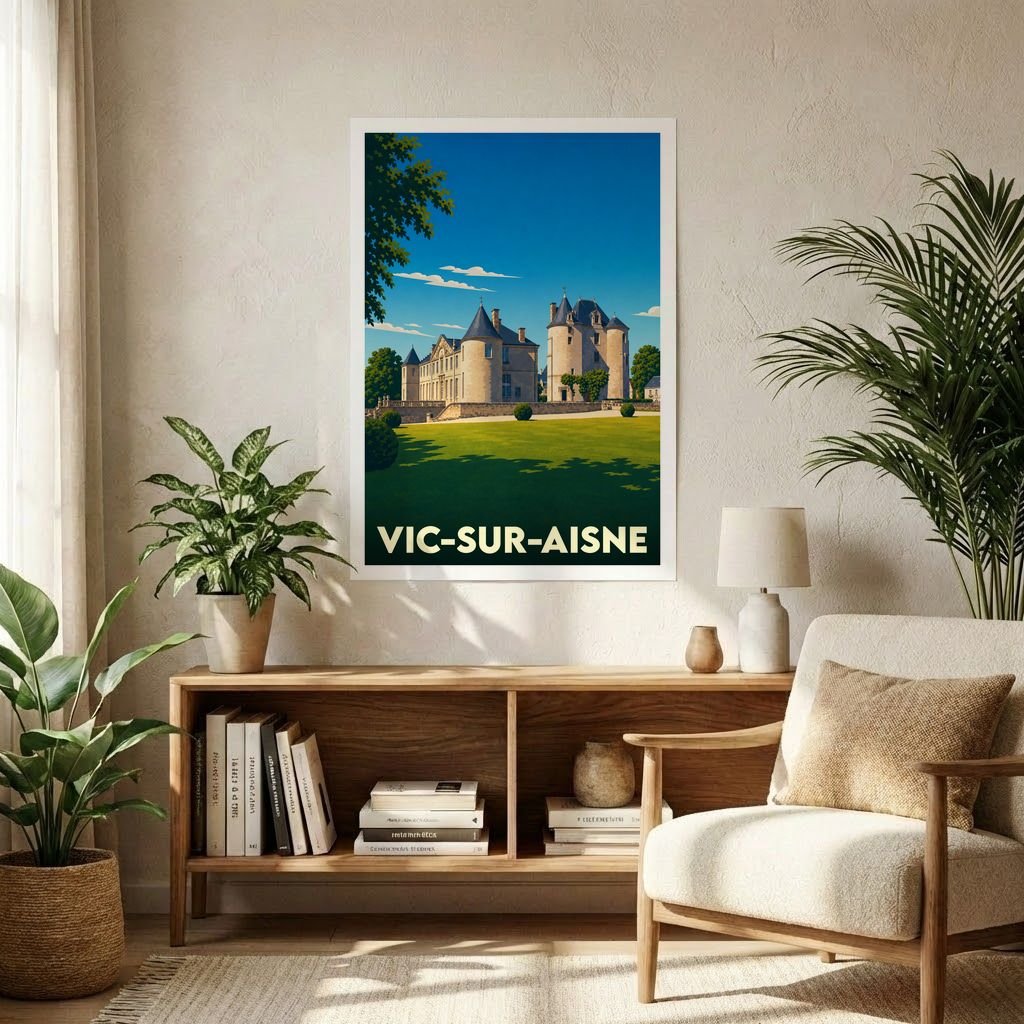 Affiche souvenir de la ville de Vic-sur-Aisne avec une illustration stylisée d'un château.