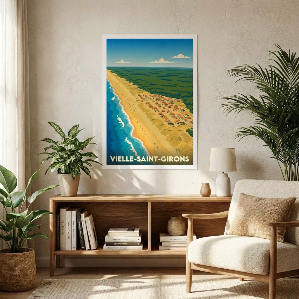 Affiche souvenir de la ville de Vielle-Saint-Girons représentant une vue aérienne stylisée de la côte landaise.