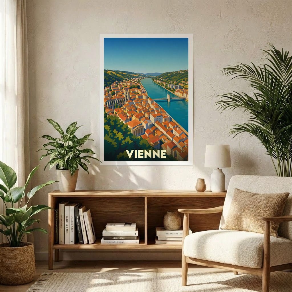 Affiche souvenir de la ville de Vienne présentant une illustration stylisée de ses toits orangés et du Rhône.