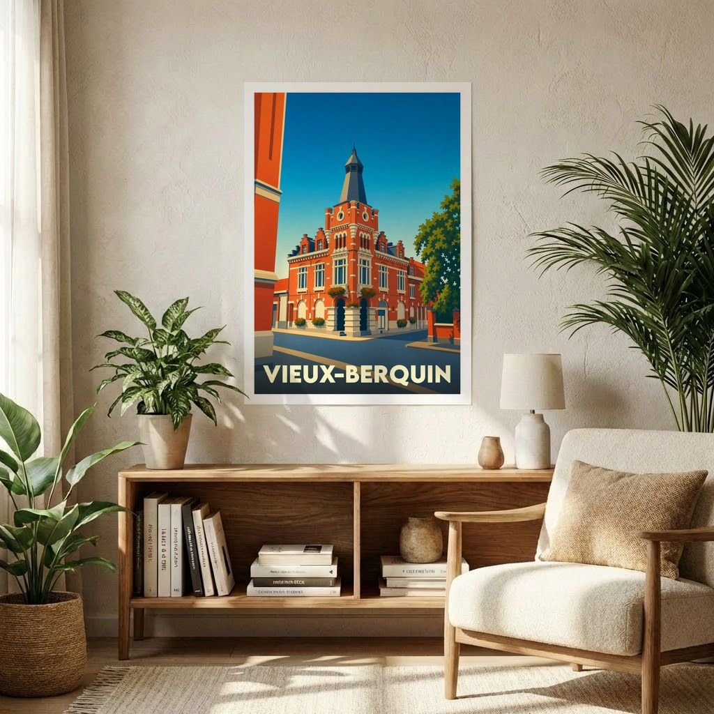 Affiche souvenir de la ville de Vieux-Berquin avec une illustration stylisée de son architecture.