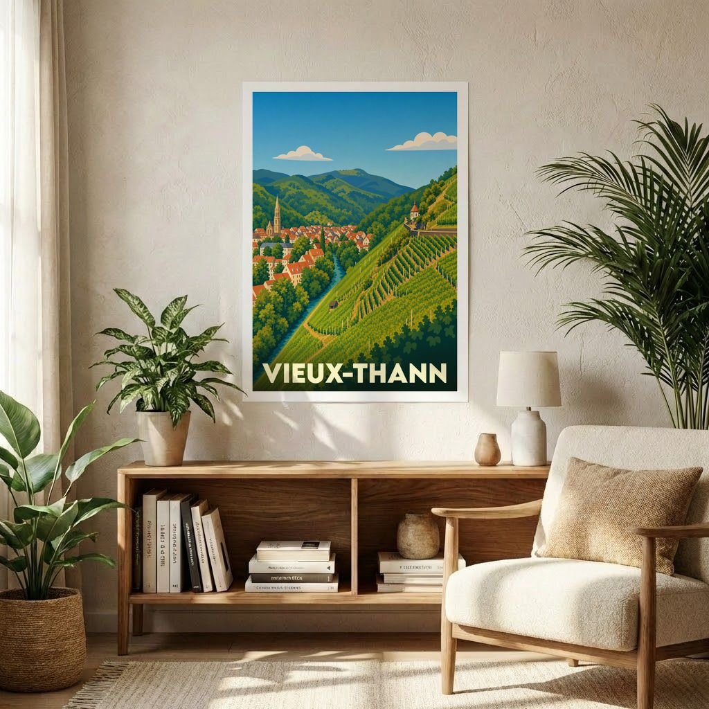 Affiche souvenir de la ville de Vieux-Thann avec une illustration stylisée de ses vignobles et de son église.