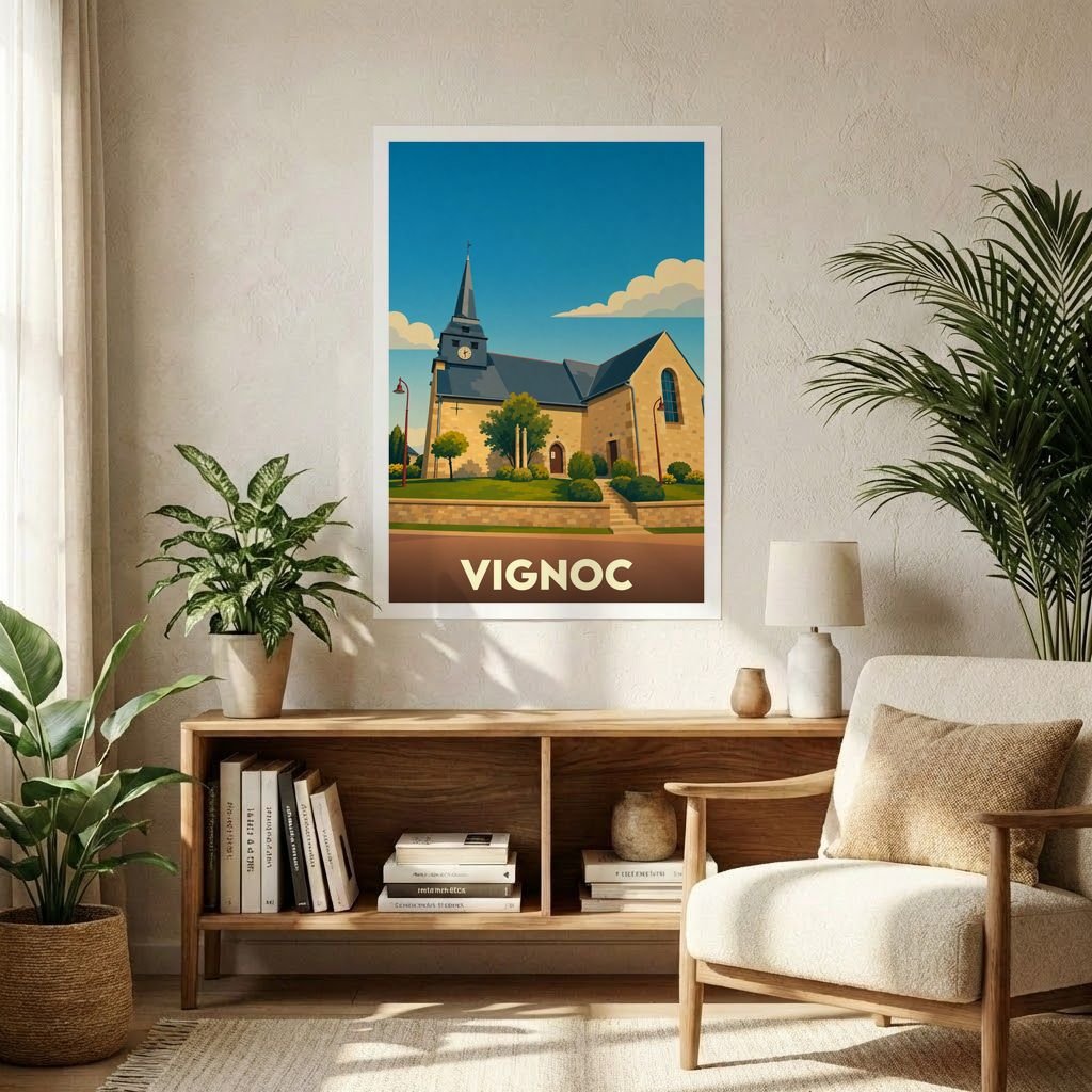 Affiche souvenir de la ville de Vignoc avec une illustration stylisée de son église sous un ciel bleu.
