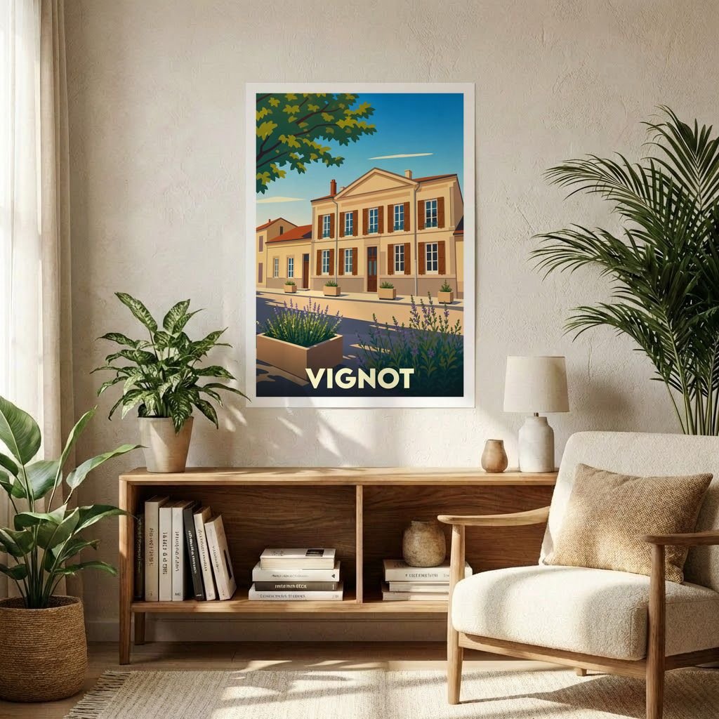 Affiche souvenir de la ville de Vignot avec une illustration stylisée d'un bâtiment classique.