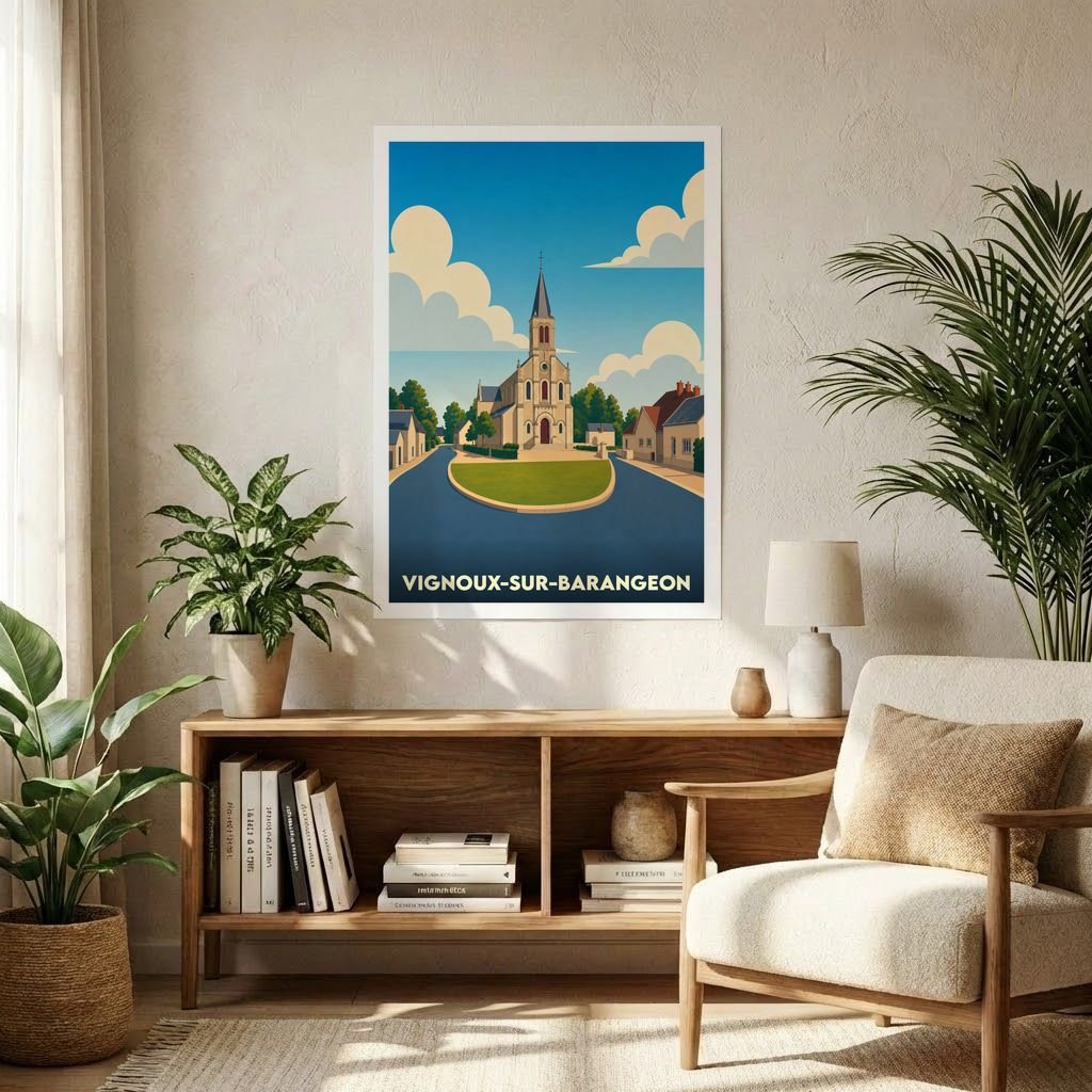 Affiche souvenir de la ville de Vignoux-sur-Barangeon avec une illustration stylisée de son église.
