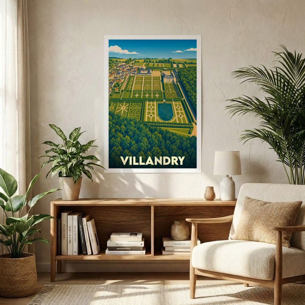 Affiche souvenir de la ville de Villandry illustrant les célèbres jardins de son château dans un style vintage.
